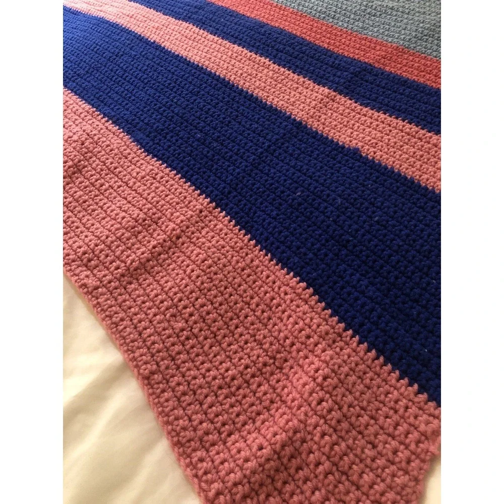 Four toned Stripes Pretty Pink Blue Vintage Afghan Cozy Couch‎ Throw Blanket